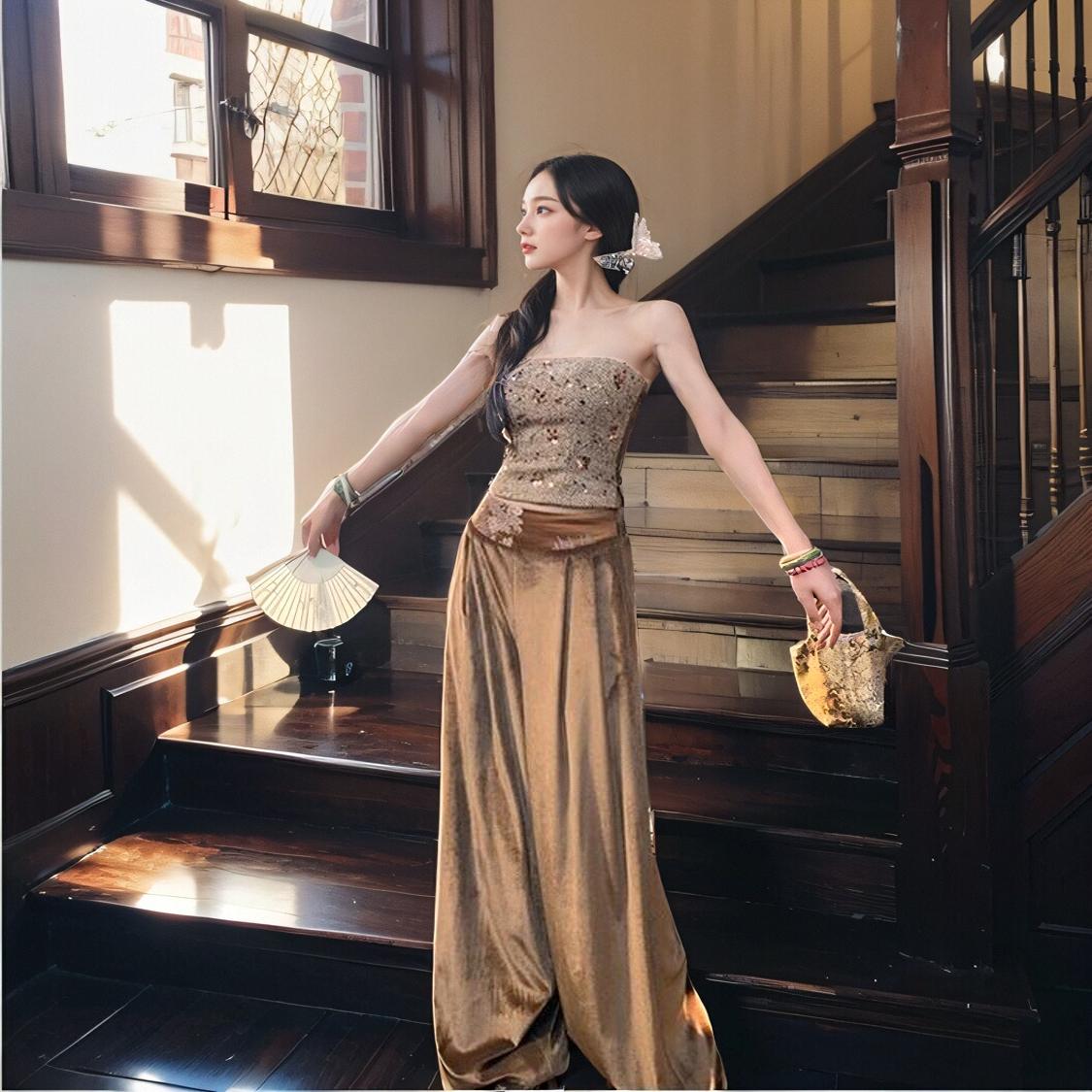 【云上扶桑】丝绒缎面拼接阔腿裤