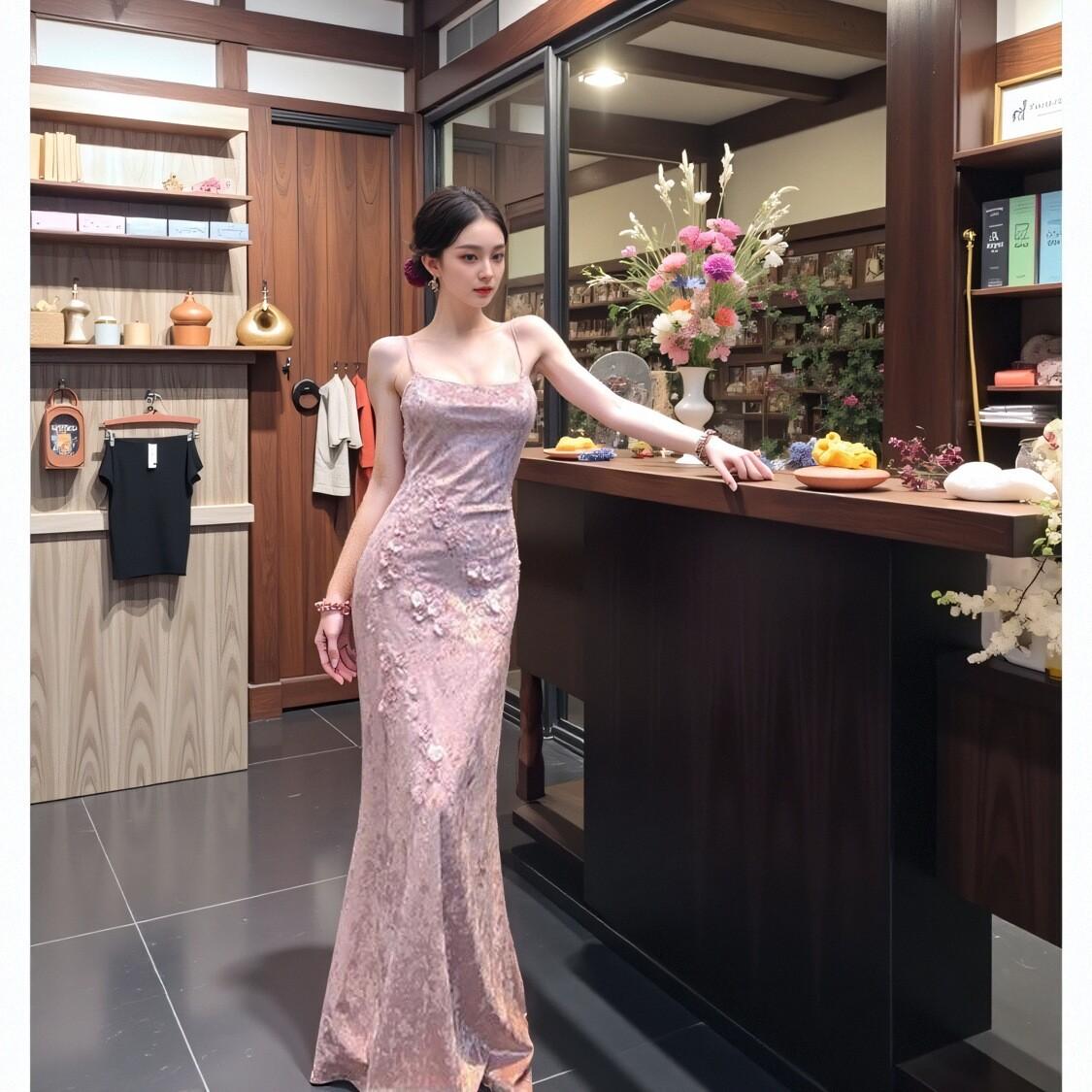 欧洲站粉色吊带连衣裙夏季新款