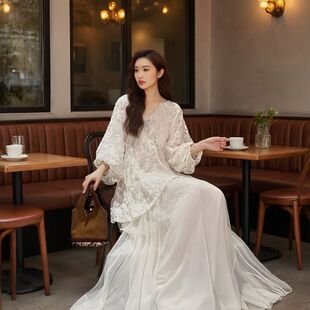 三吉同款3/7【镜花月】定染绣花蕾丝拼纱灯笼袖连衣裙