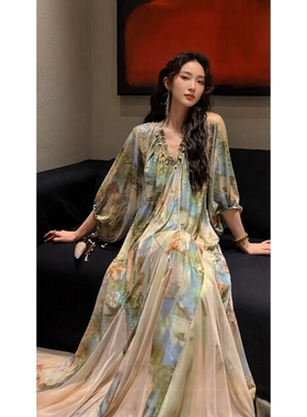 三吉同款「9折！2/24日」【阑珊】烫金烧花冰花绒拼水墨纱裙组合