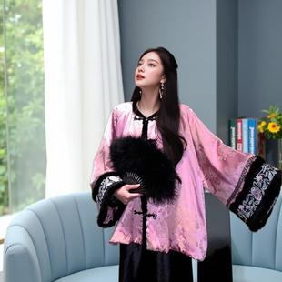 MOSS【国色天香】国风新中式正襟袖口刺绣水貂毛羽绒服女