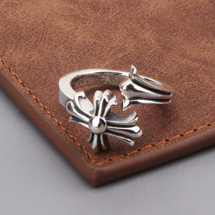 s925纯银饰复古宫廷十字架开口戒指男女个性 食指戒情侣指环潮 时尚