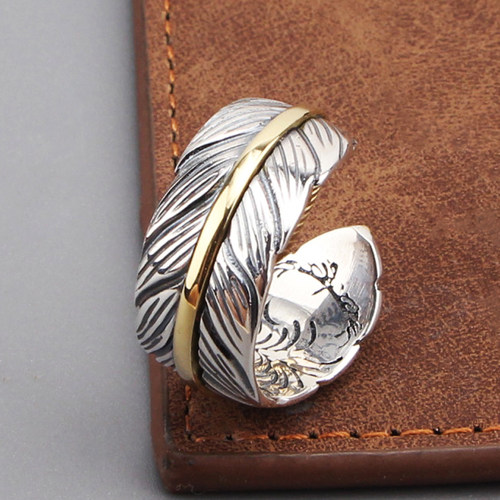 男女925纯银复古高桥羽毛戒指