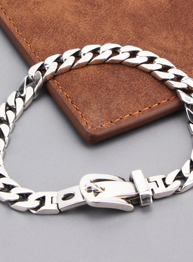 男女纯银复古简约皮带扣手链