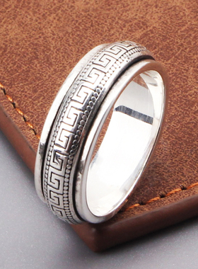s925纯银饰六字真言回纹戒指复古简约个性男女潮人转动指环情侣款