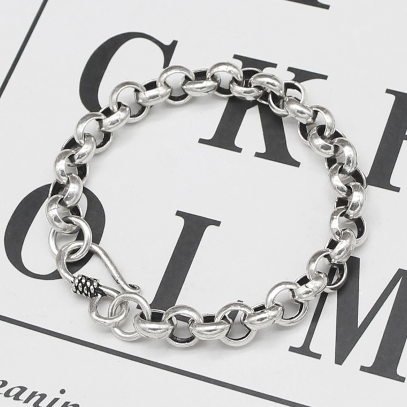 S925银男士粗款泰银O型8mm圆圈手链 韩版时尚女复古简约手饰 秋冬