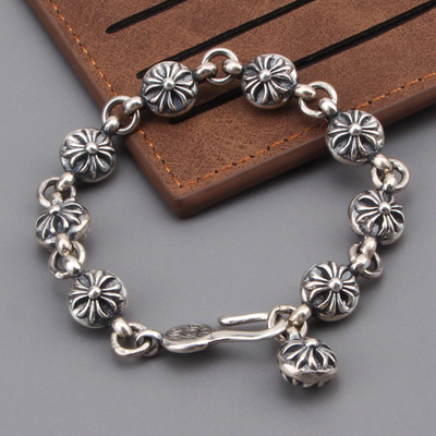 十字架圆珠925纯银复古宫廷手链