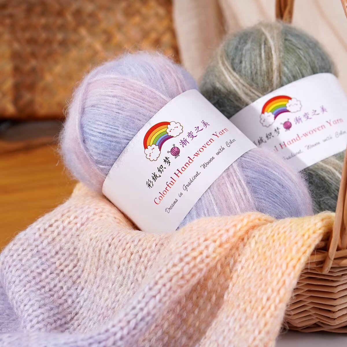 喷毛纱渐变棉线中粗手工编织围巾