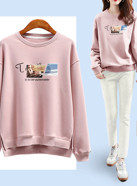 纯棉卫衣女圆领2025新款下摆开叉无帽藕粉色宽松休闲春季薄款白色