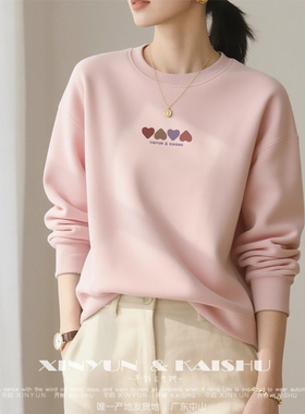 高级纯棉圆领卫衣女长袖春秋季薄款冬款加绒宽松内搭打底上衣洋气