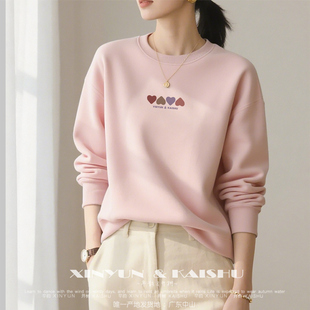 冬款 薄款 加绒宽松内搭打底上衣洋气 春秋季 高级纯棉圆领卫衣女长袖