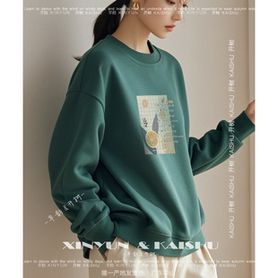 纯棉女士圆领卫衣开叉春秋下摆宽松长袖 墨绿色洋气减龄 上衣打底衫