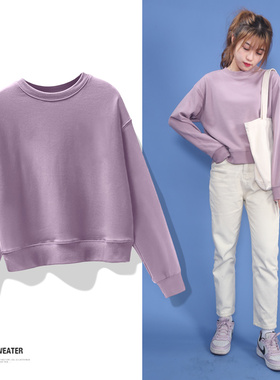 显高ins小个子卫衣女无帽短款高腰圆领纯色早春秋款薄款cec韩版潮