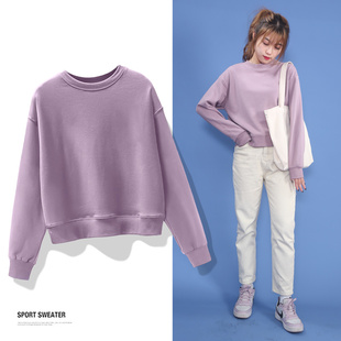 cec韩版 薄款 潮 高腰圆领纯色早春秋款 显高ins小个子卫衣女无帽短款