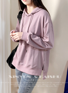 春秋薄款连帽卫衣开叉宽松下摆2025年新款纯色棉带帽衫女套头长袖