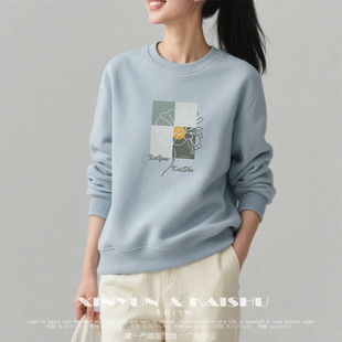 女士高级全棉卫衣圆领春秋休闲宽松加绒打底内搭无帽纯棉减龄上衣