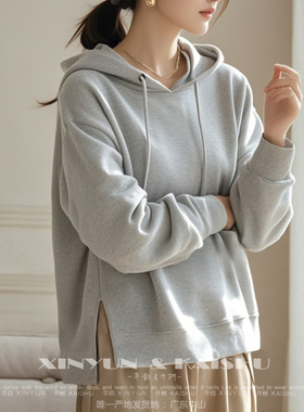 秋季新款连帽卫衣女开叉宽松薄款棉学生带帽衫秋季长袖套头休闲