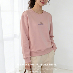 春秋季 内搭套头减龄女士藕粉色上衣 纯棉圆领卫衣宽松加绒打底衫