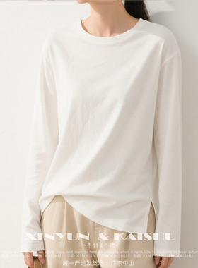 全棉长袖T恤女宽松白色夏季薄款圆领大码显瘦休闲上衣纯棉打底衫