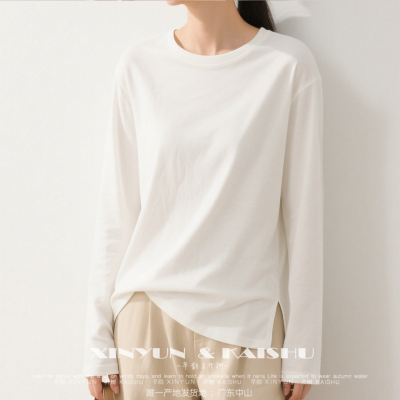 全棉长袖T恤女宽松白色夏季薄款圆领大码显瘦休闲上衣纯棉打底衫