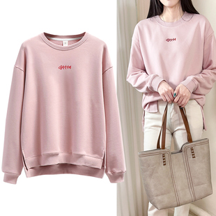 纯棉圆领卫衣女藕粉色开叉烫钻下摆不收口加绒春秋宽松2025新款