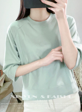 2025新款五分袖小个子卫衣纯棉宽松插肩中袖t恤女春季上衣七分袖