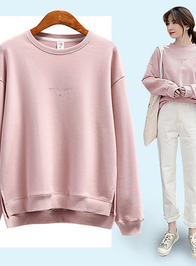 全棉下摆开叉圆领卫衣女春秋季薄款宽松套头白色无帽上衣韩版2025