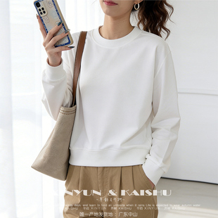 纯棉洋气卫衣女短款圆领毛圈棉白色宽松小个子正肩打底衫春秋季