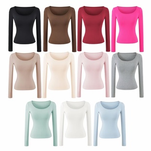 弹力显瘦基础款 打底衫 内搭 日常百搭纯色上衣 圆领长袖 恤 修身