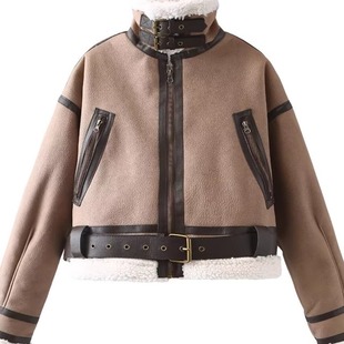 机车风皮毛一体短款 ZR女装 短款 立领长袖 外套 秋冬新品