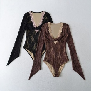 法式 纯欲风内搭性感打底衫 紧身衣 领花边长袖 蕾丝扭结连体衣