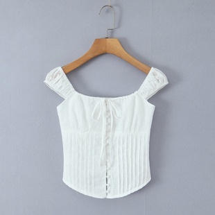 衬衫 镂空压褶系带短款 温柔法式 复古修身 露肩泡泡袖 外穿小衫 上衣