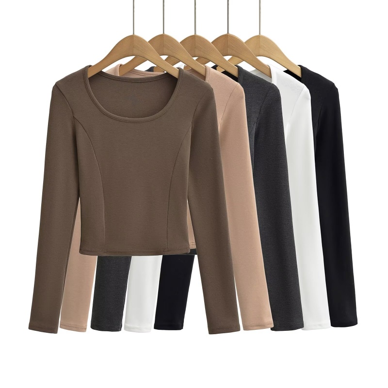 2025秋冬U领修身短款打底衫 弹力长袖紧身内搭 简约日常基础款T恤