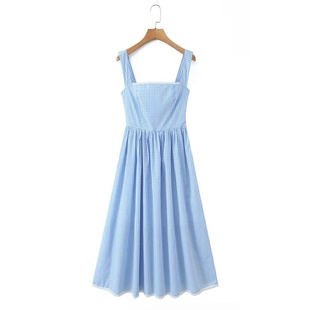 复古法式 方领收腰大摆中长裙 气质度假裙 度假风吊带连衣裙 法式