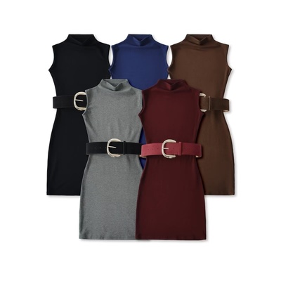 无袖高领修身连衣裙 配同色系宽腰带收腰包臀短裙 气质百搭打底裙