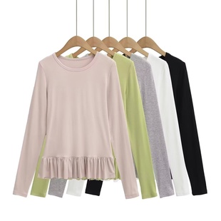 秋冬显瘦百搭打底衫 圆领下摆荷叶边长袖 弹力温柔风内搭 修身 上衣