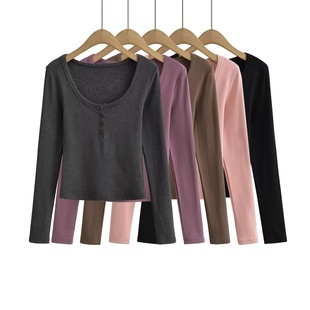 内搭 ins风纽扣长袖 弹力基础款 修身 秋冬通勤显瘦纯色上衣 打底衫