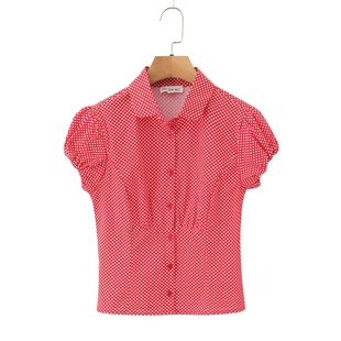 甜美穿搭套装 复古波点两件套 蕾丝花边百褶短裙 翻领衬衫 泡泡袖