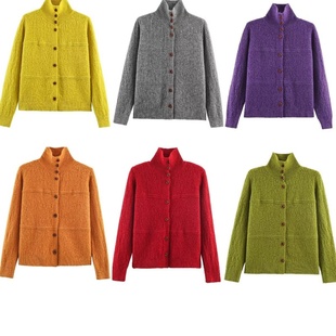 方块立领针织开衫 休闲慵懒风秋冬上衣 纹理拼接单排扣毛衣外套