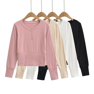 短款 针织 内搭打底衫 上衣 温柔风基础款 修身 恤 坑条半开领长袖