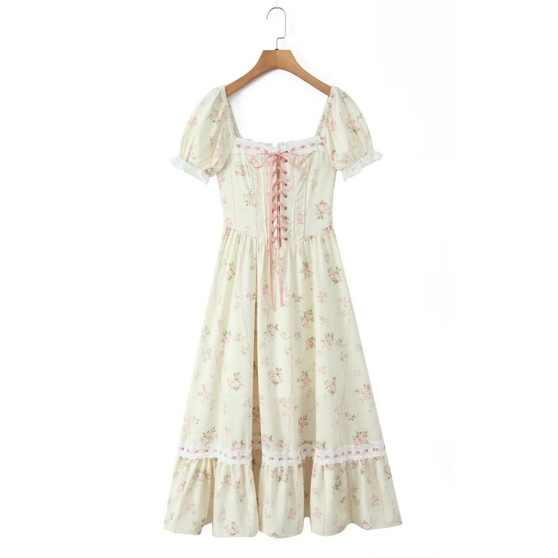 田园风方领连衣裙女 夏季新款法式复古蕾丝花边系带收腰大摆长裙,女装/女士精品,连衣裙,淘宝优惠券,粉丝福利购,淘宝优惠卷