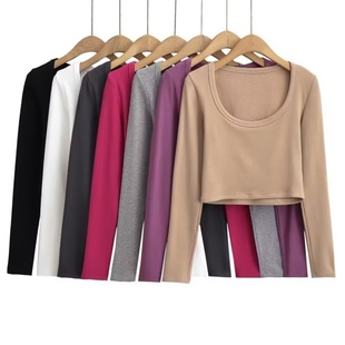 修身 上衣 露腰打底衫 辣妹风显腰显瘦秋冬内搭 恤 圆领短款 长袖