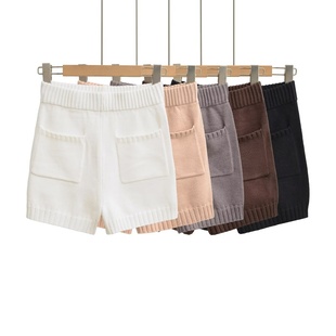 秋冬内搭外穿显瘦毛织热裤 针织高腰短裤 口袋设计松紧腰休闲裤