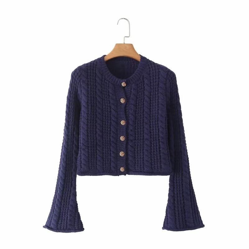 2022秋季新款法式圆领藏青色麻花喇叭袖修身针织衫开衫外套上衣潮