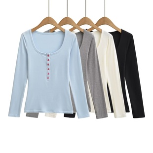 修身 上衣 弹力基础款 内搭 方领纽扣装 秋冬通勤显瘦打底衫 饰长袖