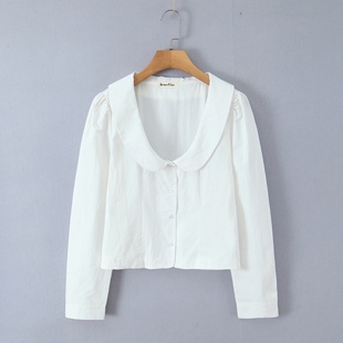 衬衣 大翻领长袖 复古海军领修身 衬衫 甜酷少女风百搭显瘦上衣 短款