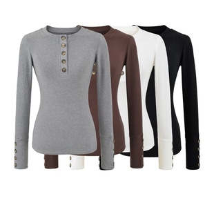 上衣 复古通勤风显瘦百搭打底衫 纽扣装 内搭 饰修身 坑条亨利领长袖