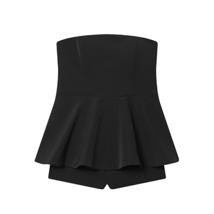 辣妹性感露肩派对装 收腰荷叶边连体裤 下摆抹胸连身短裤 黑色裙式
