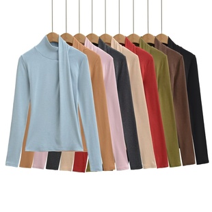 上衣 秋冬气质百搭纯色打底衫 修身 内搭 弹力基础款 高领飘带长袖