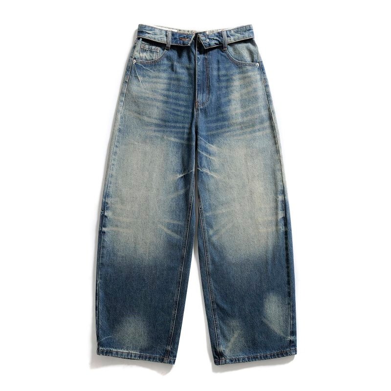 做旧渐变蓝翻腰阔腿牛仔裤 复古水洗宽松直筒裤 潮酷风显瘦老爹裤,女装/女士精品,牛仔裤,淘宝优惠券,粉丝福利购,淘宝优惠卷